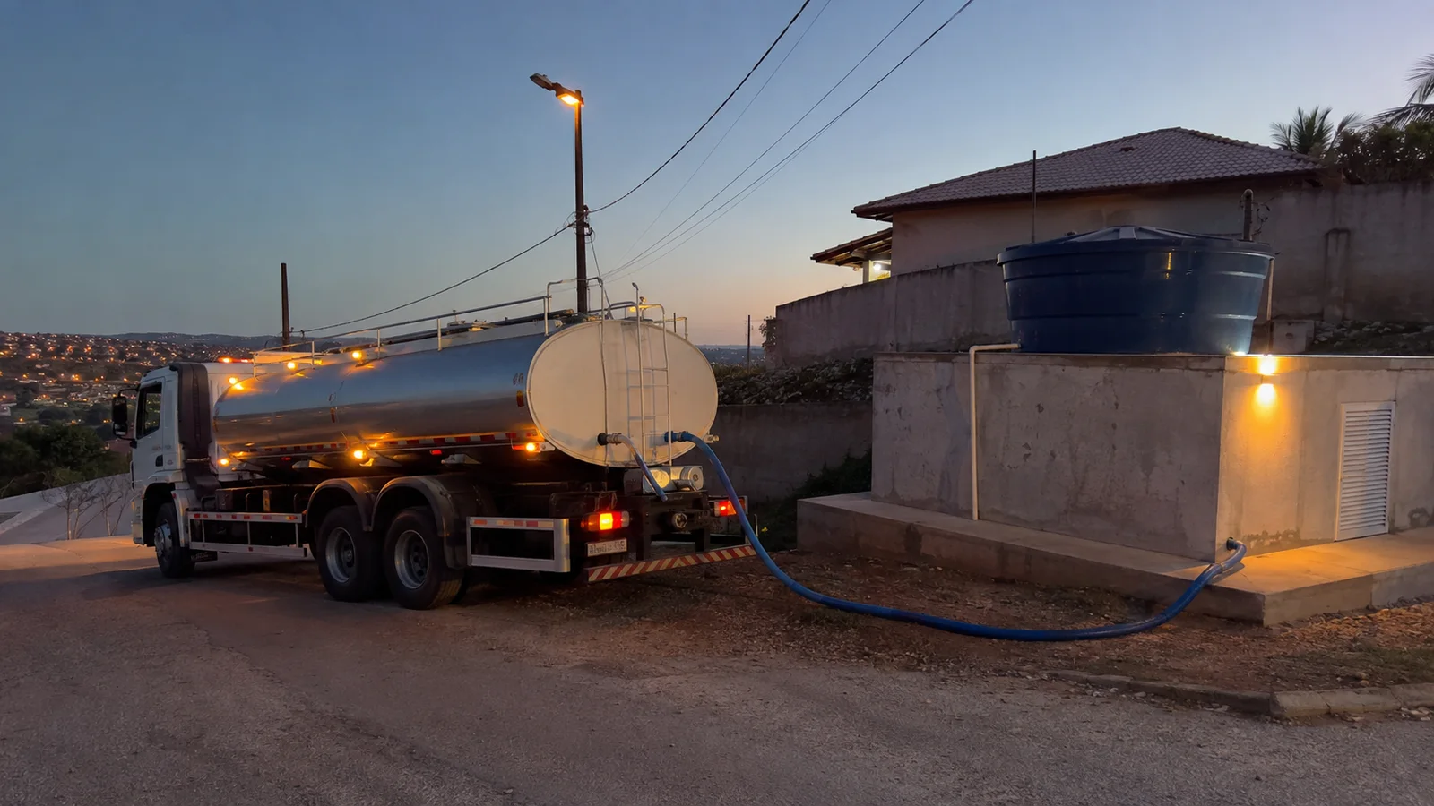 Caminhão pipa em atendimento emergencial noturno