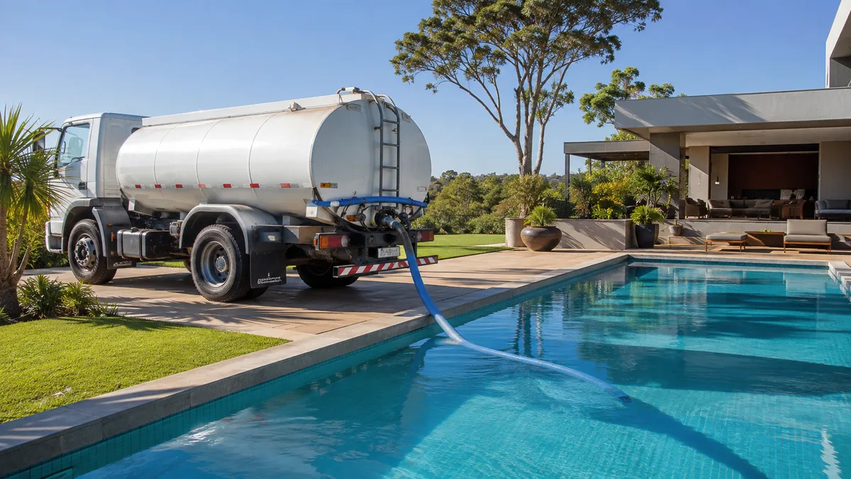 Caminhão pipa abastecendo piscina residencial